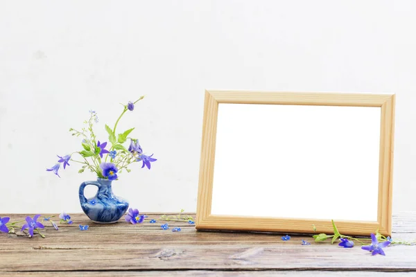 Summer Flowers Blue Jug Wooden Frame Old Wooden Table — Stock Photo, Image