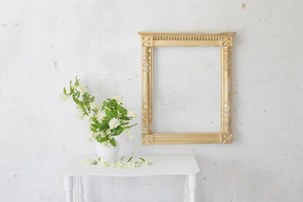 Jasmine Vase Old Wooden Frame Vintage White Interior — Stock Photo, Image