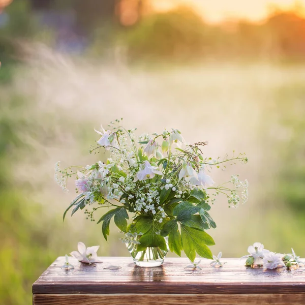 Ramo Flores Verano Jarrón Vidrio Luz Del Sol Aire Libre — Foto de Stock