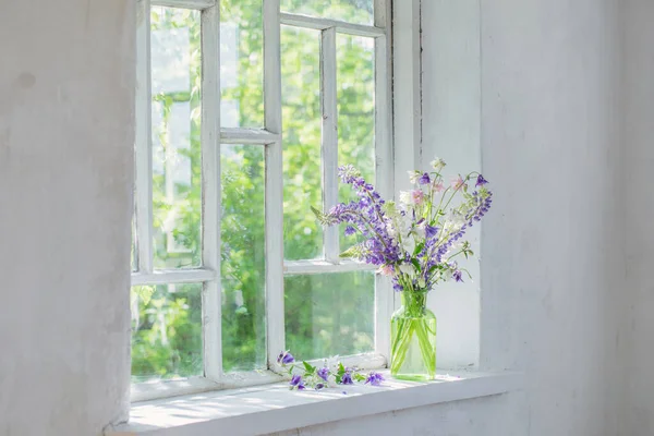 夏天的花朵在窗台上的花瓶里 在阳光下 — 图库照片