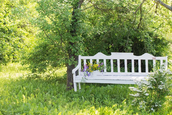 夏の庭の白い木のベンチに野生の花 — ストック写真