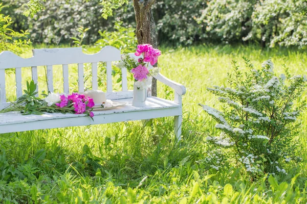 Peony Jug White Wooden Bench Summer Garden — Stock Photo, Image