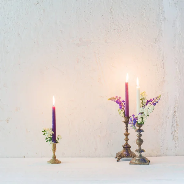 Antique Candlestick Burning Candles Flowers Wooden Table — Stock Photo, Image