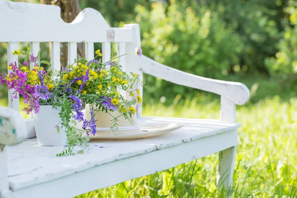Wild Flowers White Wooden Bench Summer Garden — Stock Photo, Image