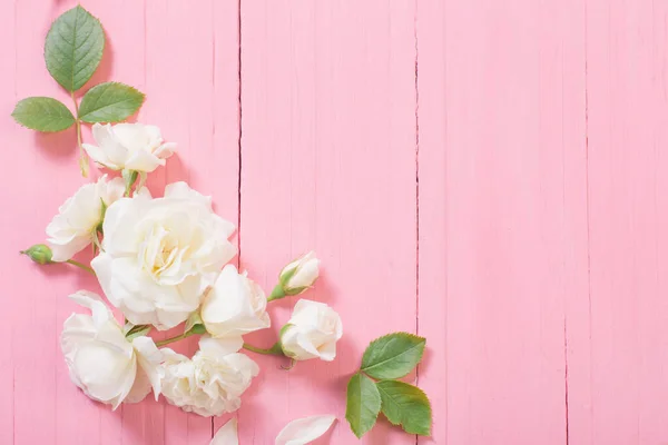 Witte Rozen Roze Houten Achtergrond — Stockfoto
