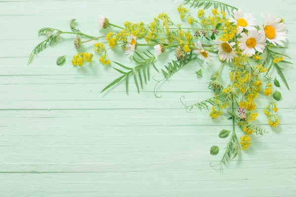 Flores Silvestres Fundo Madeira Verde — Fotografia de Stock