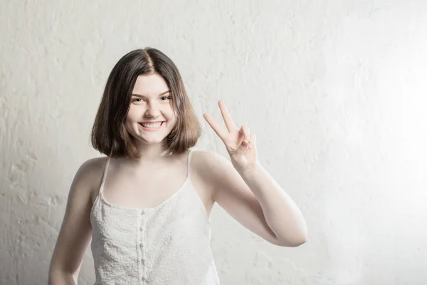 Happy Brunette Teenager Girl Background White Wall — Stock Photo, Image