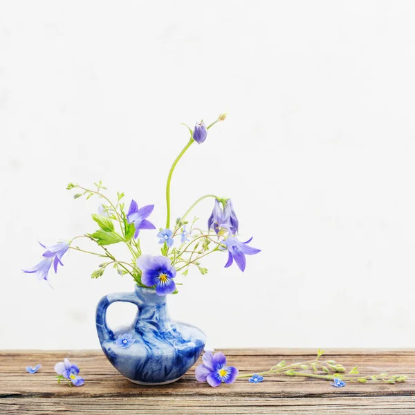 Summer Flowers Blue Jug Old Wooden Table — Stock Photo, Image