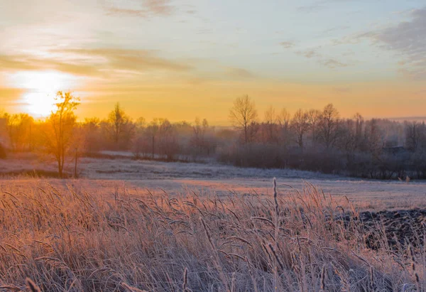 Hermoso Invierno Congelado Paisaje Rural Atardecer —  Fotos de Stock