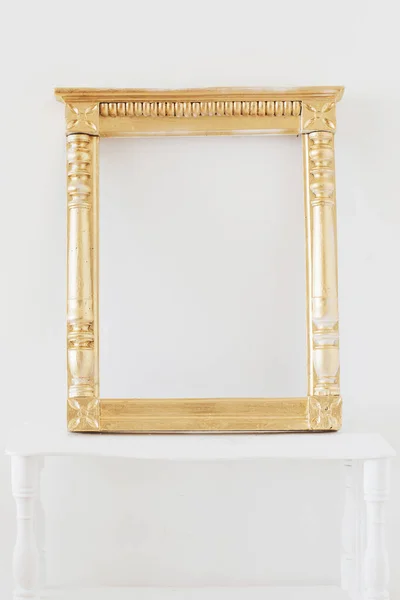 Antique Golden Wooden Frame Background White Wall — Stock Photo, Image