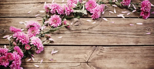 Růžové Chryzantémy Tmavém Dřevěném Pozadí — Stock fotografie