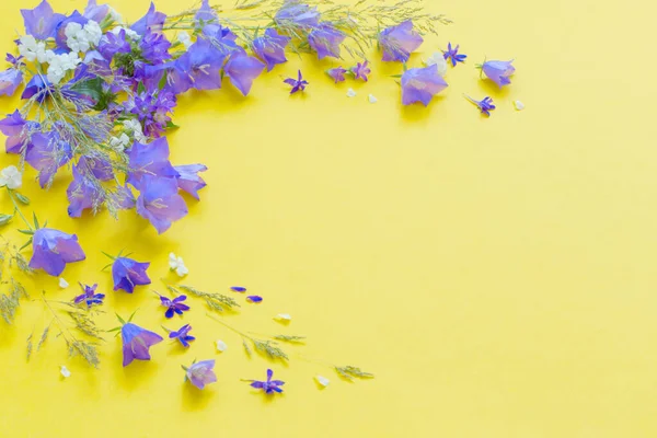 Blauwe Wilde Bloemen Gele Achtergrond — Stockfoto