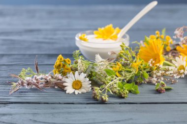 Mavi arka plandaki bitkisel malzemelerden elde edilen doğal kozmetik ürünler.