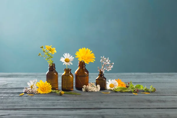 Piante Medicinali Bottiglie Marroni Sfondo Blu — Foto Stock