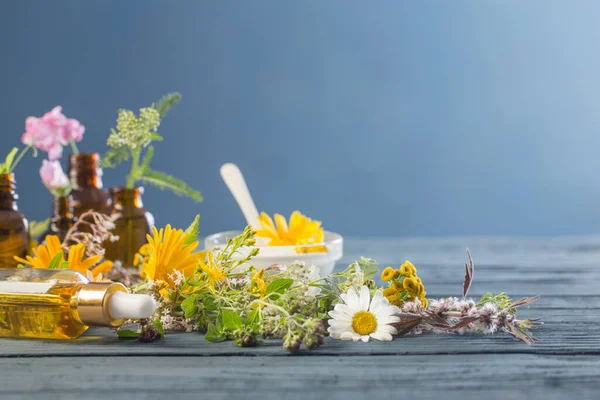 natural cosmetics from herbal ingredients on  blue background