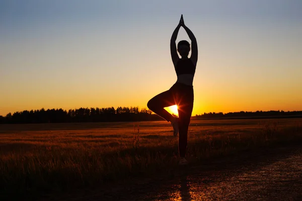 Yazın Gün Batımında Yoga Yapan Genç Bir Kadın — Stok fotoğraf