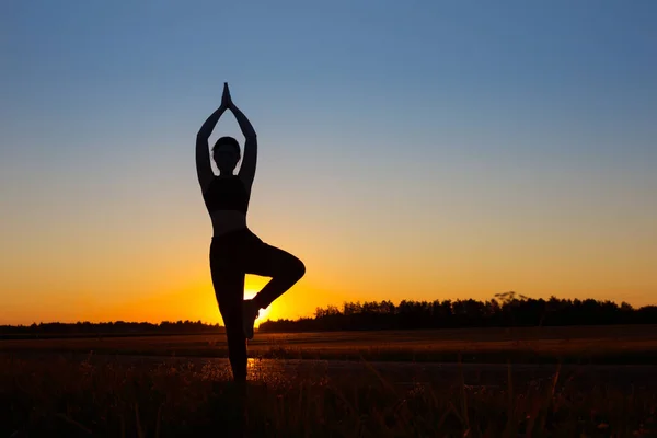 Young Woman Doing Yoga Sunset Summer — Stock Photo, Image