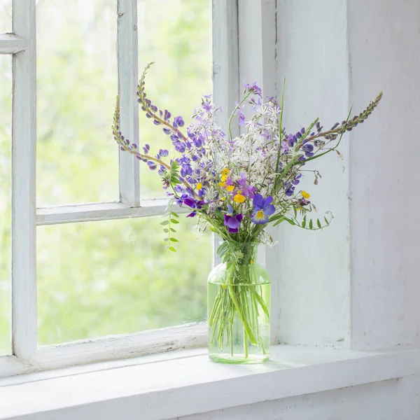 Flores Silvestres Jarrón Sobre Alféizar Ventana Blanco —  Fotos de Stock