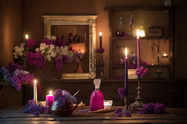 Magic Potion Lilac Flowers Witch House — Stock Photo, Image