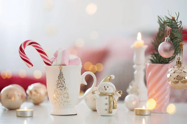 Cocoa Marshmallow Christmas Decor Pink Gold Colors — Stock Photo, Image