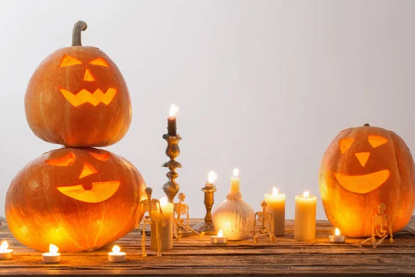 Halloween Pumpkins Candles Wooden Table — Stock Photo, Image