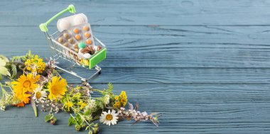 Mavi arka planda haplar ve yabani bitkiler, doğal tıp konsepti