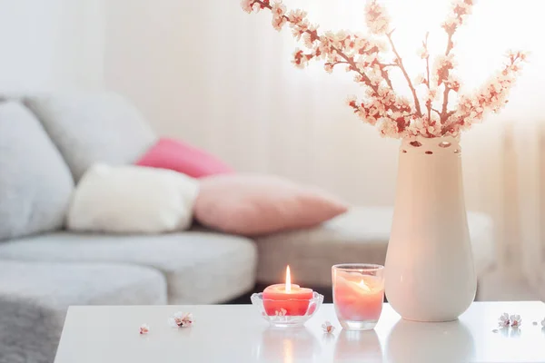 Fleurs Rose Printemps Dans Vase Intérieur Blanc — Photo