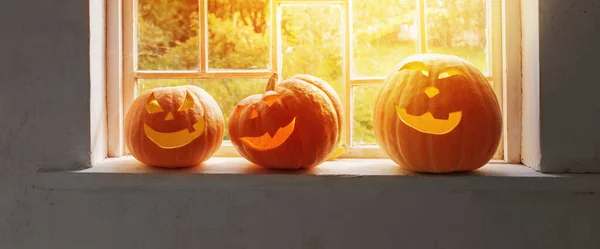 Halloween Pumpkins White Windowsill — Stock Photo, Image