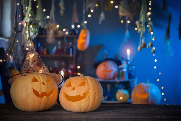 Halloween Dýně Starém Dřevěném Stole Pozadí Halloween Dekorace — Stock fotografie