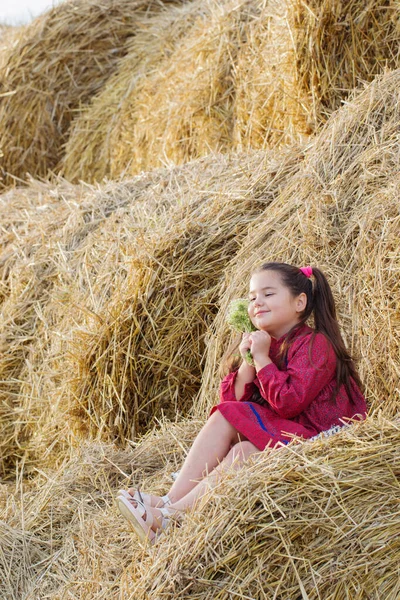 Счастливая Маленькая Девочка Красном Платье Стеллаже — стоковое фото