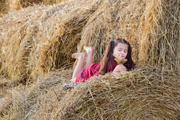 Gelukkig Klein Meisje Rood Jurk Stack Sraw — Stockfoto