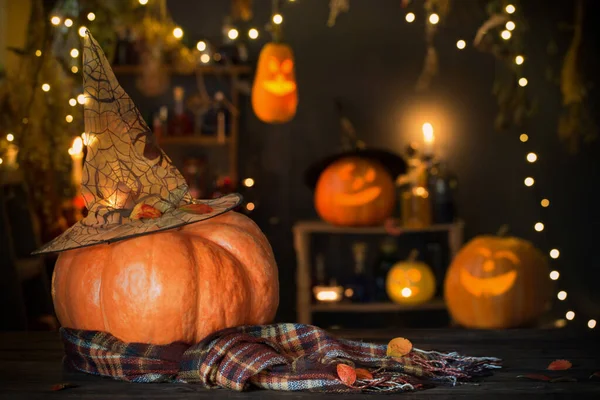 Zucche Halloween Vecchio Tavolo Legno Sfondo Decorazioni Halloween — Foto Stock