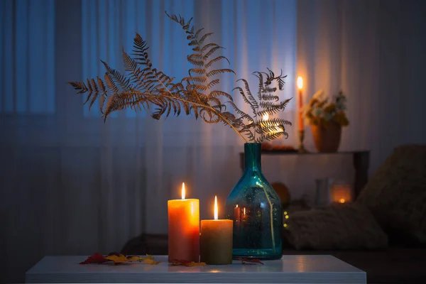 Burning Candles Autumn Decor White Table Home — Stock Photo, Image