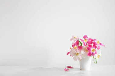 Beyaz vazoda beyaz ve pembe laleler arka plan duvarında