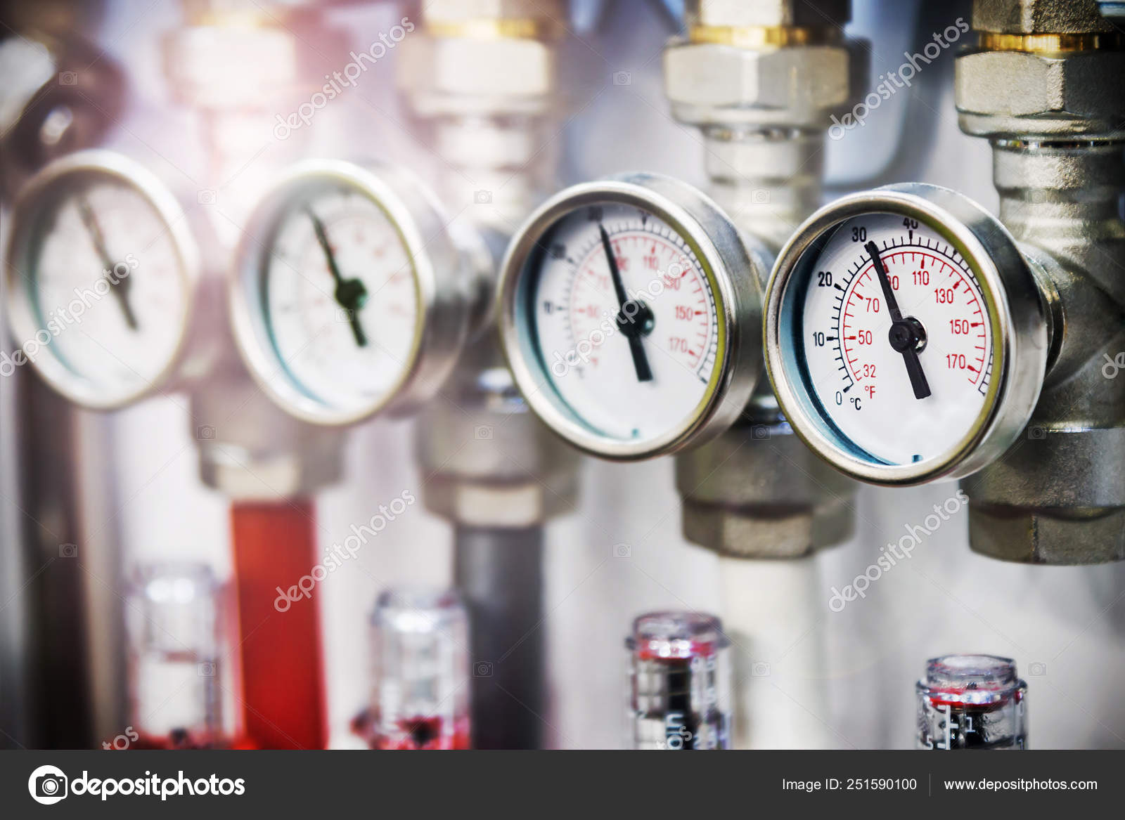 Pressure gauge, fittings and valve, pipes and adapters. Plumbing