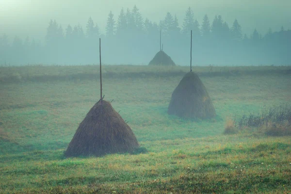 Landsbygden Höstackar Dimma Dimma Morgonen — Stockfoto