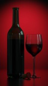 Láhev vína a křišťálové sklo na červeném pozadí, tmavý styl, 3d vykreslení