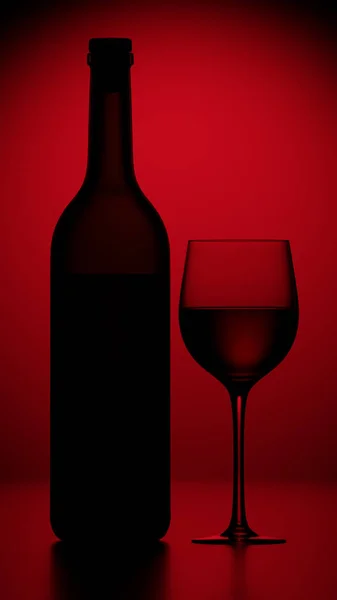 赤い背景3Dレンダリングにワインドリンクとワインボトルとクリスタルグラスのエレガントなダークシルエット — ストック写真