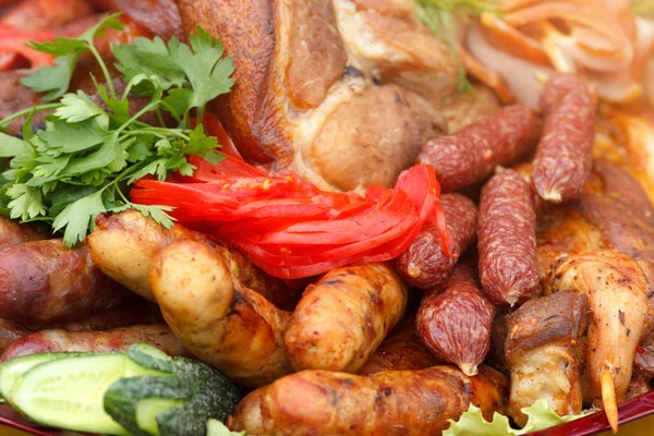 Served Meat Plate Grilled Sausages Vegetables Sliced — Stock Photo, Image