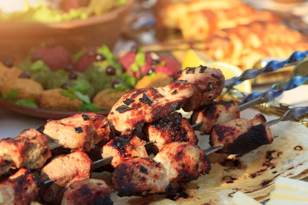 Spicy Pork Meat Grilled Fire Traditional Shashlik Other Foods Event — Stock Photo, Image