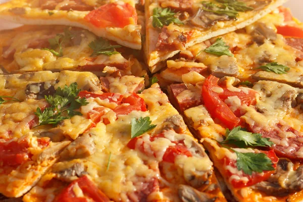 Pizza Mięsem Serem Pomidorami Plasterkami Zbliżenie — Zdjęcie stockowe