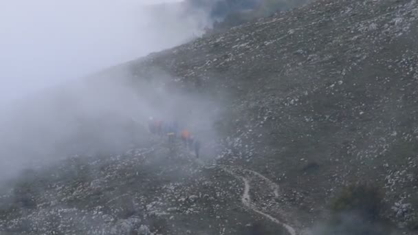 Groep bergtoeristen stijgt naar de pas — Stockvideo