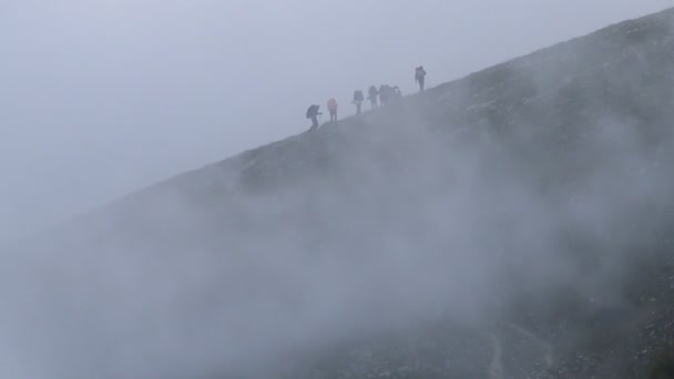 Ομάδα τουριστών βουνού ανεβαίνει στο πέρασμα — Αρχείο Βίντεο