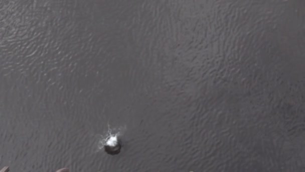 Weißer Wurfstein fliegt von oben ins Wasser — Stockvideo