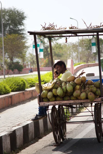 Noci di cocco mercantili con un carrello che parla su un cellulare — Foto Stock