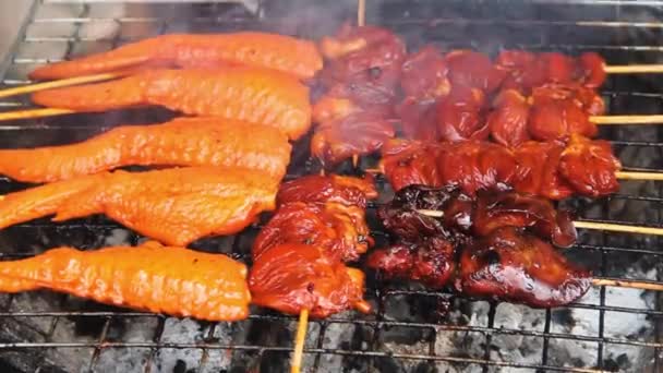 Poulet coupé en morceaux et frit sur les charbons — Video