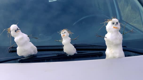 Familie van echte sneeuwpoppen op voorruit van auto — Stockvideo