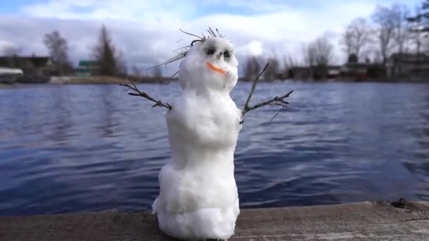 Снеговик на пирсе, напротив открытой воды и волн — стоковое видео