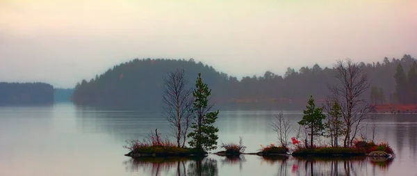 Paisagem Arborizada Com Ilhotas Silêncio Triste Dia Outono Lago Sereno — Fotografia de Stock