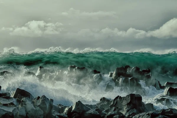 Ondas Turbulentas Oceano Pacífico Beleza Acidentada Rochas Basálticas — Fotografia de Stock